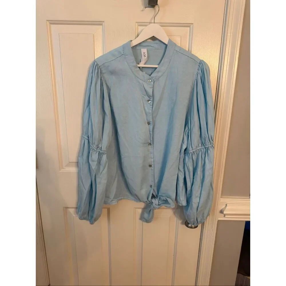 Anthropologie AMADI Baby Blue Button Up Tie Front Collarless Puff Sleeve Top sz